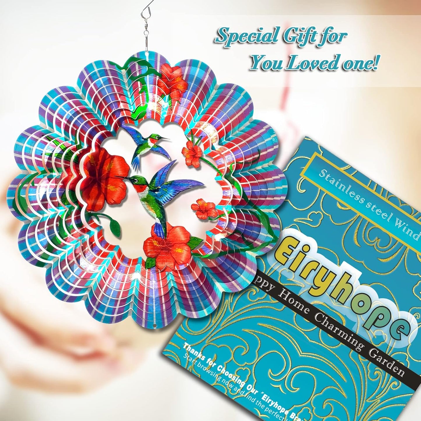 Hummingbird Wind Spinner, 12-Inch 3D Kinetic Metal Wind Spinners - Hummingbird Gift for Women, Mom, Men, Dad, Garden & Yard Decor Outdoor/Indoor Decoration, Dynamic Art Hanging Sculpture