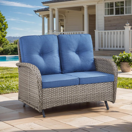 HUMMUH 2-Person Outdoor Glider Bench-All-Weather Wicker Patio Double Swing Rocking Chair Patio Loveseat for Deck Lawn Porch Balcony Poolside-Grey/Blue