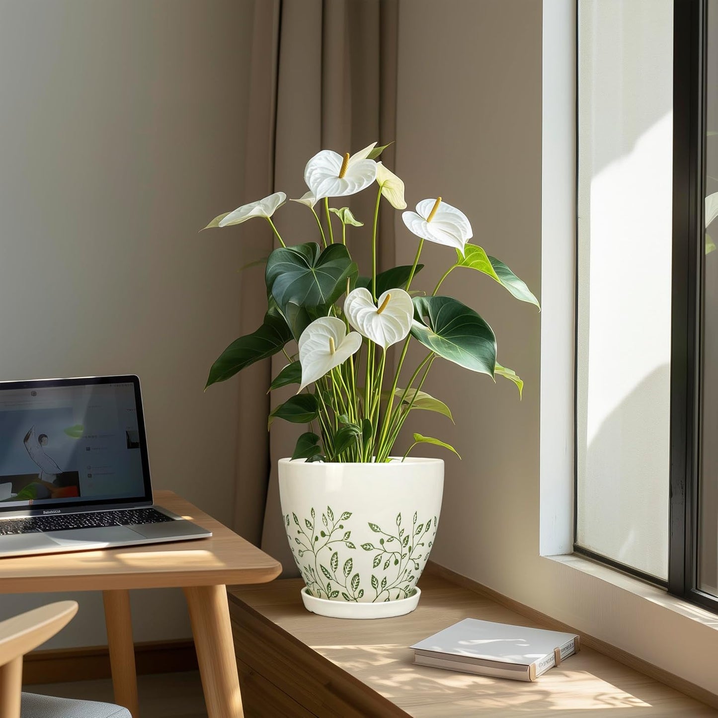 Ceramic Planter for Indoor Plants - 8.2 Inch Plant Pot with Drainage Hole and Saucer, Boho Round Planter for Indoor Outdoor Flowers, Plant Lover Gifts, Home Garden House Decor, White