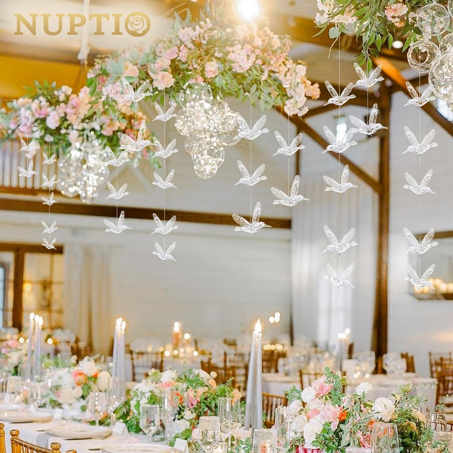 NUPTIO Crystal Ceiling Hanging Ornaments: 30 Pcs Acrylic Flying Birds for Wedding Party Window Garden Bedroom Outdoor Birthday - Christmas Tree Decorations with Transparent Line