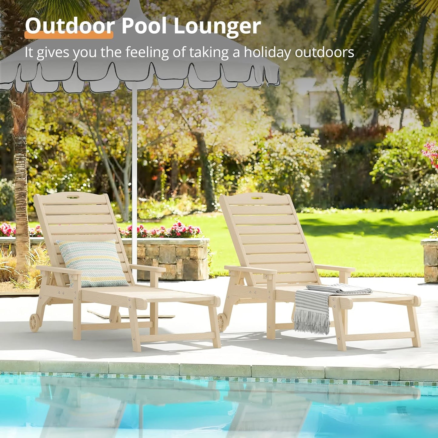 LUE BONA Outdoor Chaise Lounge Chairs Set of 4, 79'' Oversized HDPS Chaise Lounger, 5 Positions Adjustable Lounge Chairs, Pool Lounge Chair with Wheels for Poolside, 3 Year Warranty, Sand