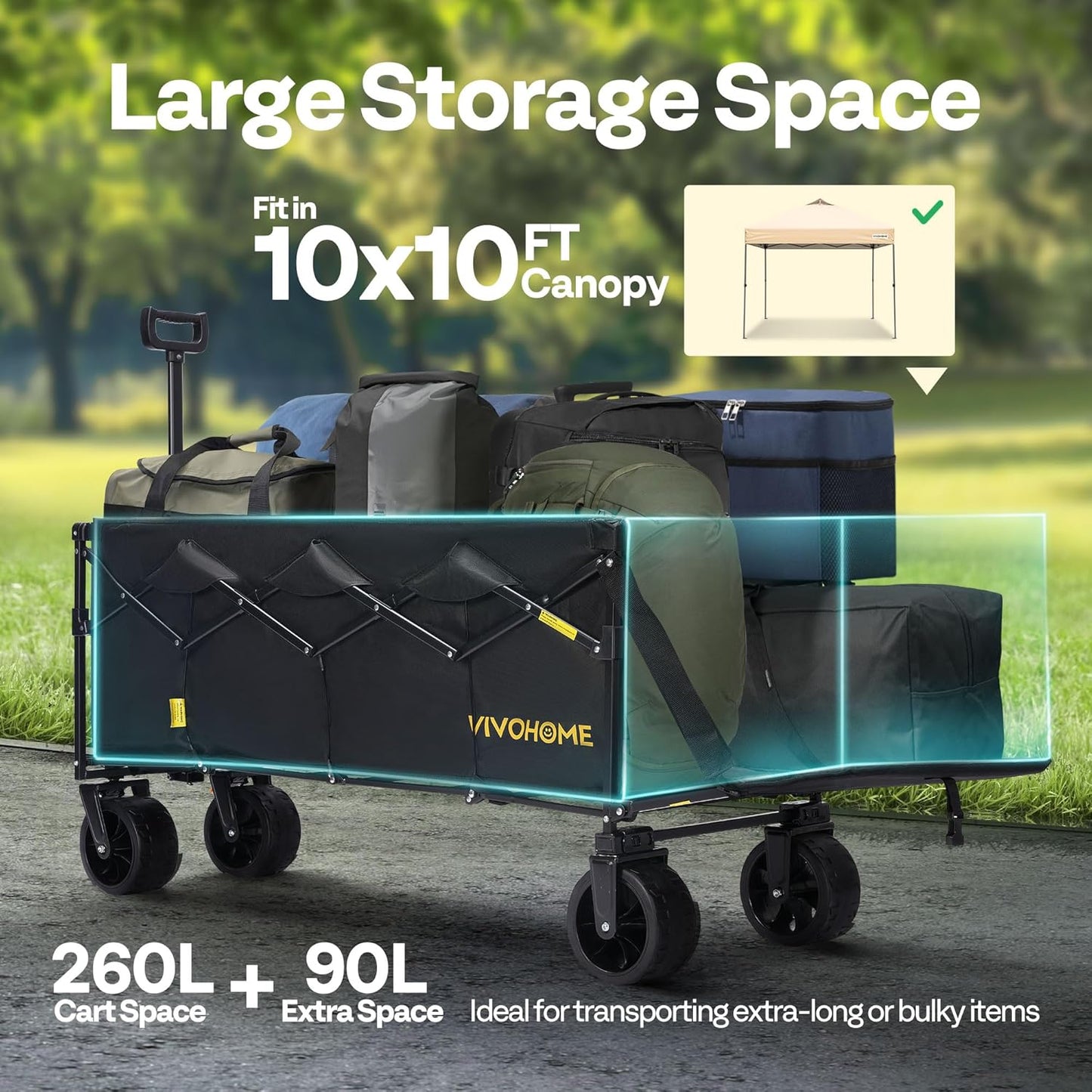 VIVOHOME 48''L Extended Collapsible Wagon Cart with 440lbs Weight Capacity, Heavy Duty 350L Folding Utility Garden Cart with Extended Tailgate and Big All-Terrain Beach Wheels