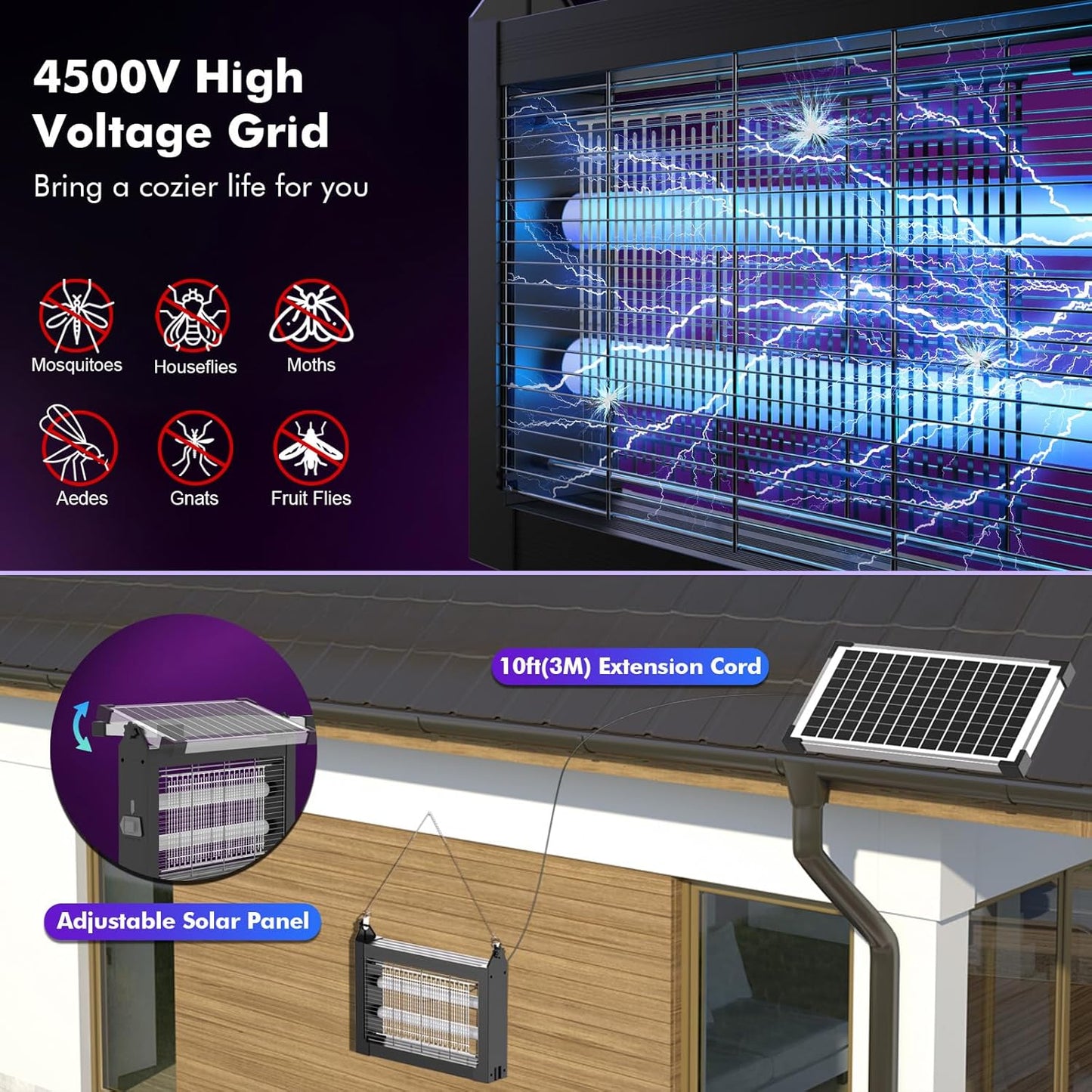 OKK Solar Bug Zapper Outdoor 4500V, Mosquito Zapper Waterproof Electric Fly Zapper with 10W Solar Panel, Rechargeable Mosquito Killer Lamp, Cordless Fly Trap for Patios, Gardens, Camping, Backyard