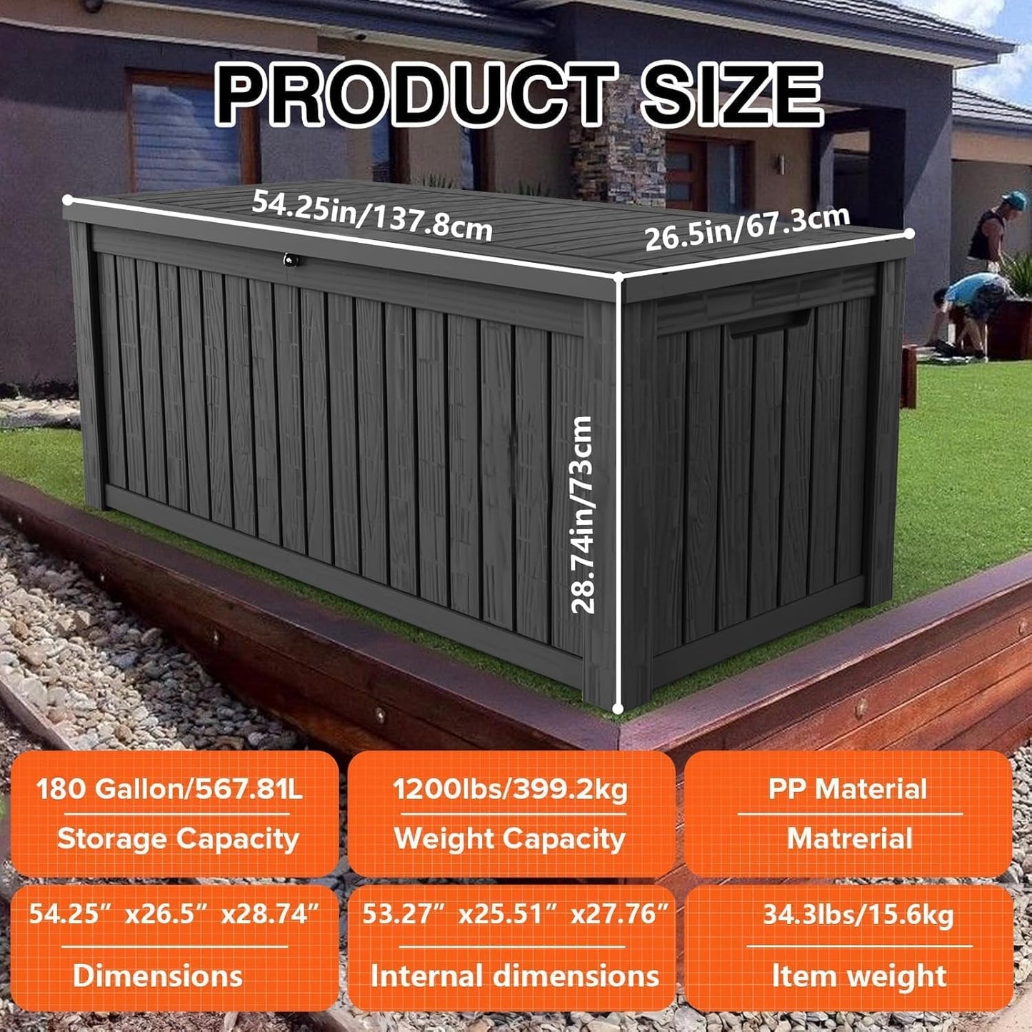 180 Gallon Patio Storage Box - Waterproof Deck Boxes & Outdoor Storage Deck Box, Lockable Resin Chest for Pool/Garden Tools, UV-Resistant, Black
