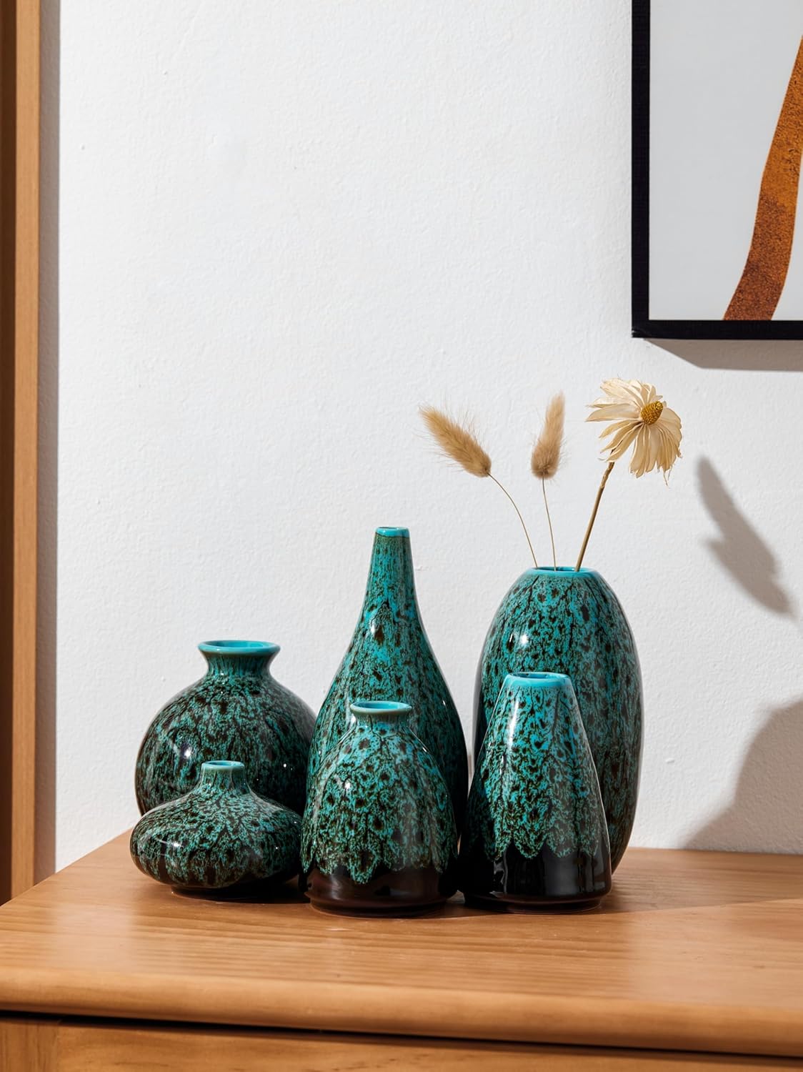 Ceramic Bud Vase Set, Fambe Blue Glazed Finish, Decorative Flower Vases (Blue-Set of 6)