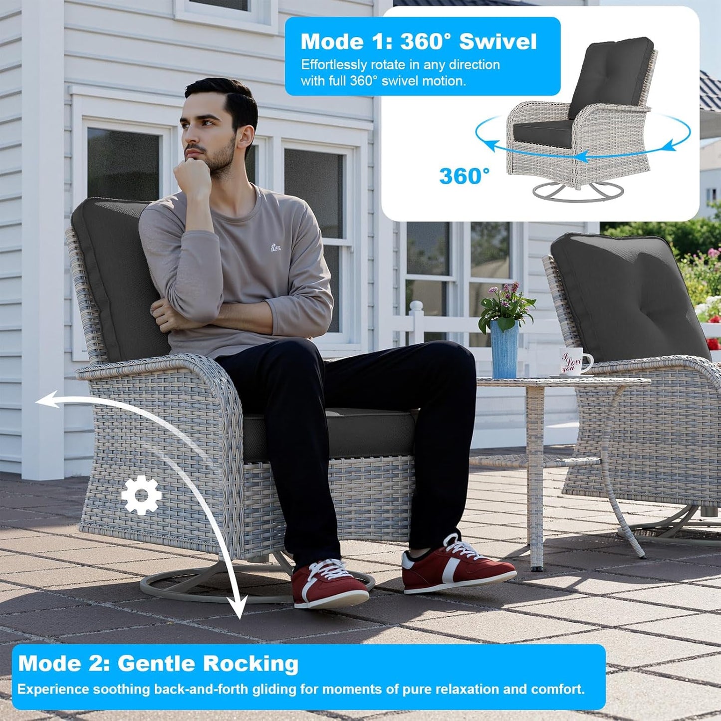 18-Piece Patio Furniture Set, Outdoor Patio Furniture with 55,000 BTU Fire Pit Table, Swivel Chairs Set, Thick Cushions, Modular Patio Sofa, Dual-Strand Wicker Rattan, Rust-Resistant Frame,Black