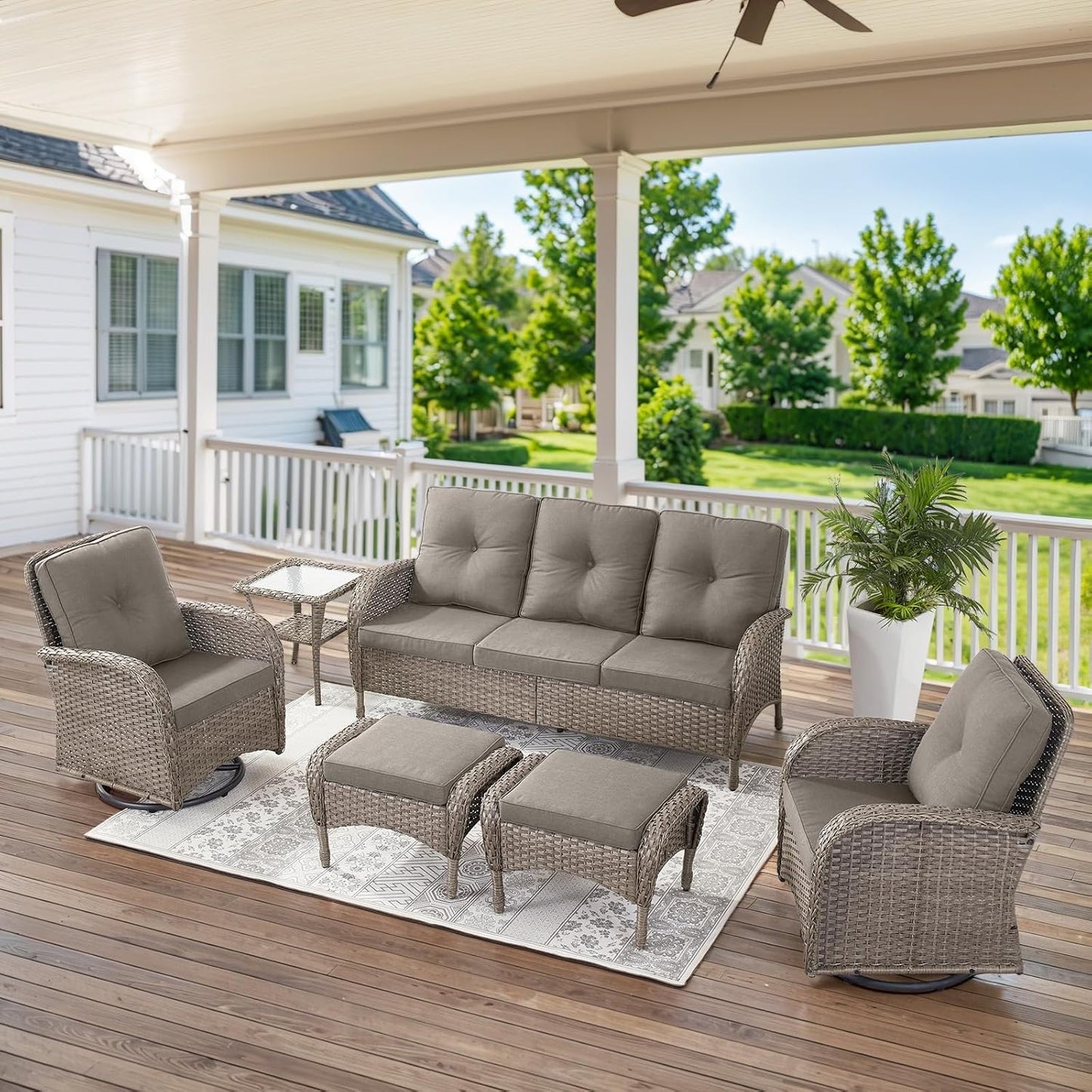 6 Pieces Wicker Patio Furniture Set - Swivel Rocker Outdoor Chairs with Outdoor Couch and Side Table, All-Weather Patio Conversation Set for Sunroom Deck Backyard