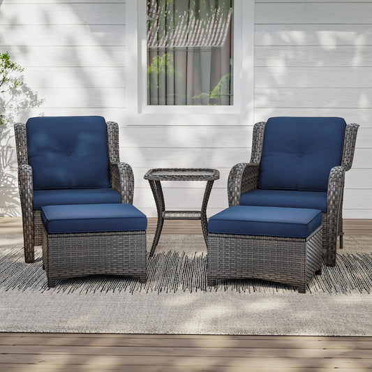5 Pieces Patio Conversation Set, Wicker Chairs Set of 2 and Two Ottomans with 3.5-inch Seat Cushions, 1 Side Table High Back and Curved Armrest for Backyard, Balcony and Deck, Blue