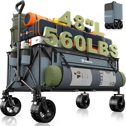 300L Extra Large Wagons Carts Foldable, 560LBS Heavy Duty Collapsible Beach Wagon 48" Long with Big All-Terrain Wheels, Utility Folding Cart for Camping, Grocery, Sports, Garden, Blue & Grey