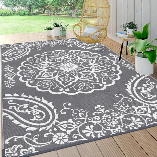 Pauwer Waterproof Outdoor Rug 6x9, Reversible Plastic Straw Patio Camping Rug, Indoor Outdoor RV Mat Carpet for Deck, Camper, Porch, Balcony, Backyard, Picnic, Boho Grey
