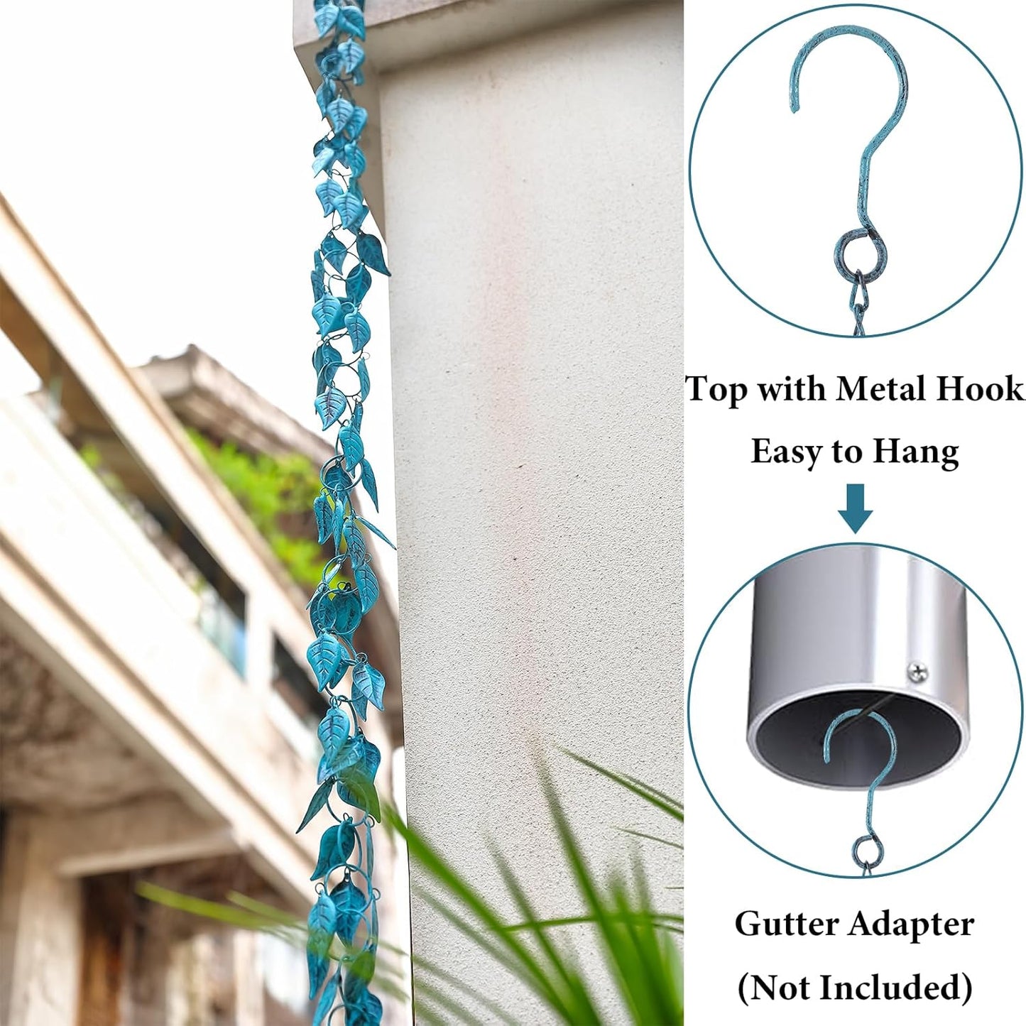 Leaves Rain Chain, 8.5 Ft Rain Chains for Gutters and Downspouts, Decorative Gutter Chain Downspout, Metal Leaf Rain Catcher Chain for Outside, Antique Blue Rainchain, Outdoor Garden Decor