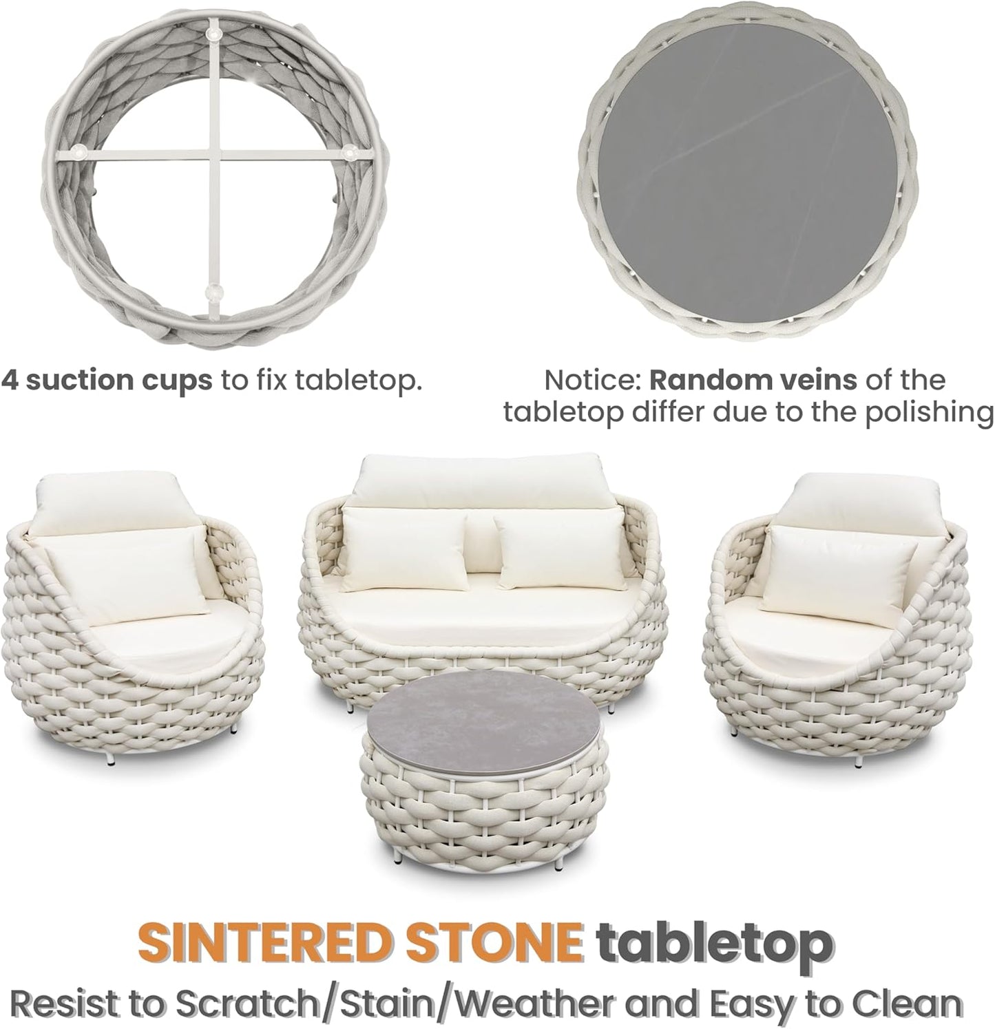 Metal Backyard Furniture Set: Aluminum Assembled Front Porch 4 Pieces Outdoor Set - Woven Rope Patio Conversation Set Modern - Cushioned Deck Couch Set Garden Sunroom Pool Hotel Resort, Beige