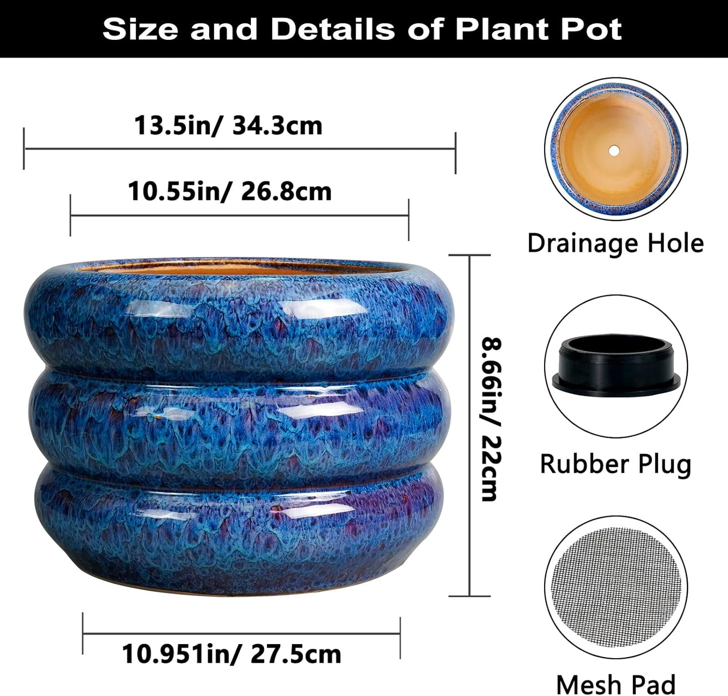 SQOWL Ceramic Pot for Plants 13.5 Inch - Outdoor Planter Large Plant Pot Indoor with Drainage Hole Round Flower Pot Mid-Century Planter for Patio Outdoor Decor Blue