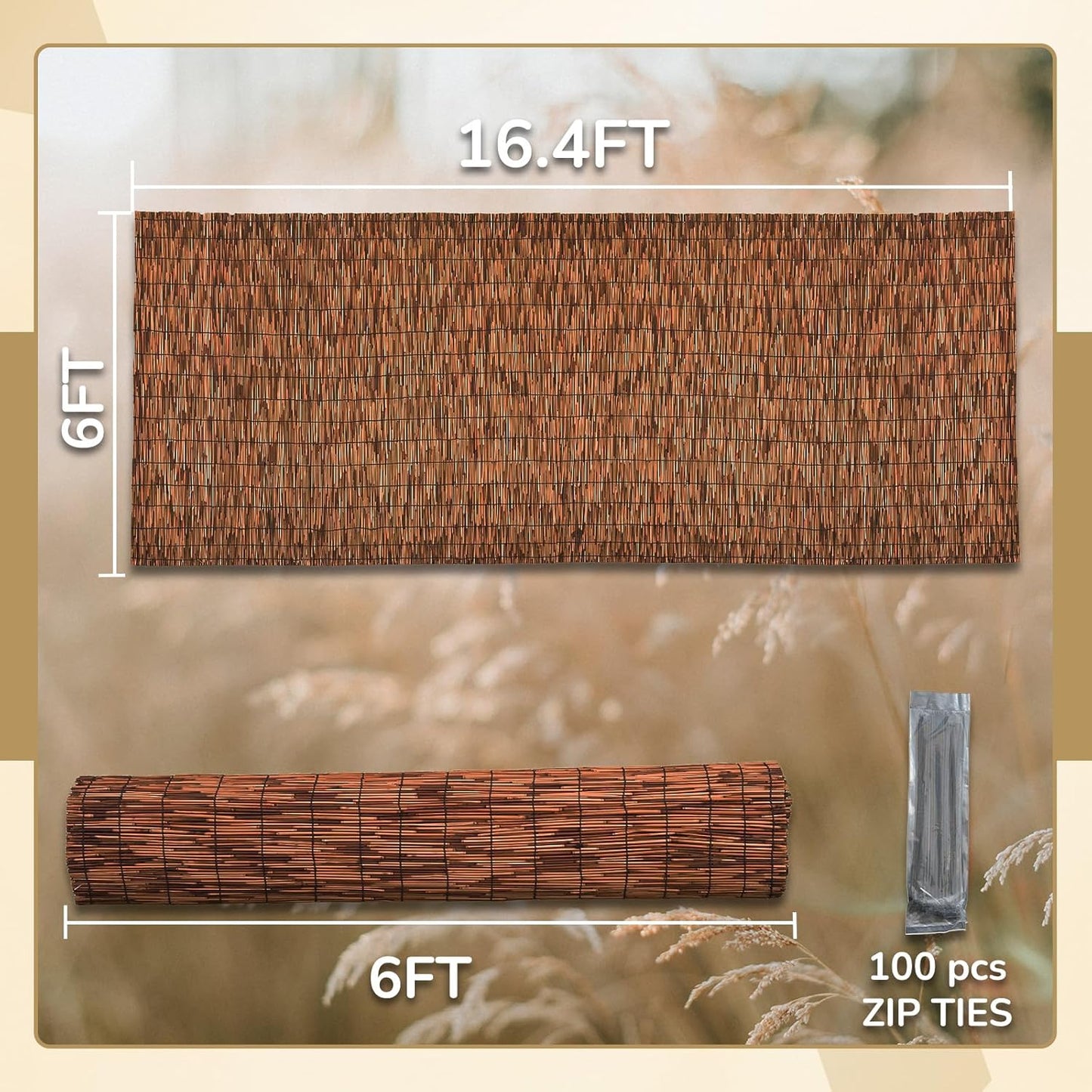 Brown 6FT X 16.4FT Reed Fencing Roll, Balcony Privacy Reed Shade Bamboo Fencing Garden Fence Border, Wind Block Sunshade Fence Screen for Outdoor Yard Patio Flower Bed Edge