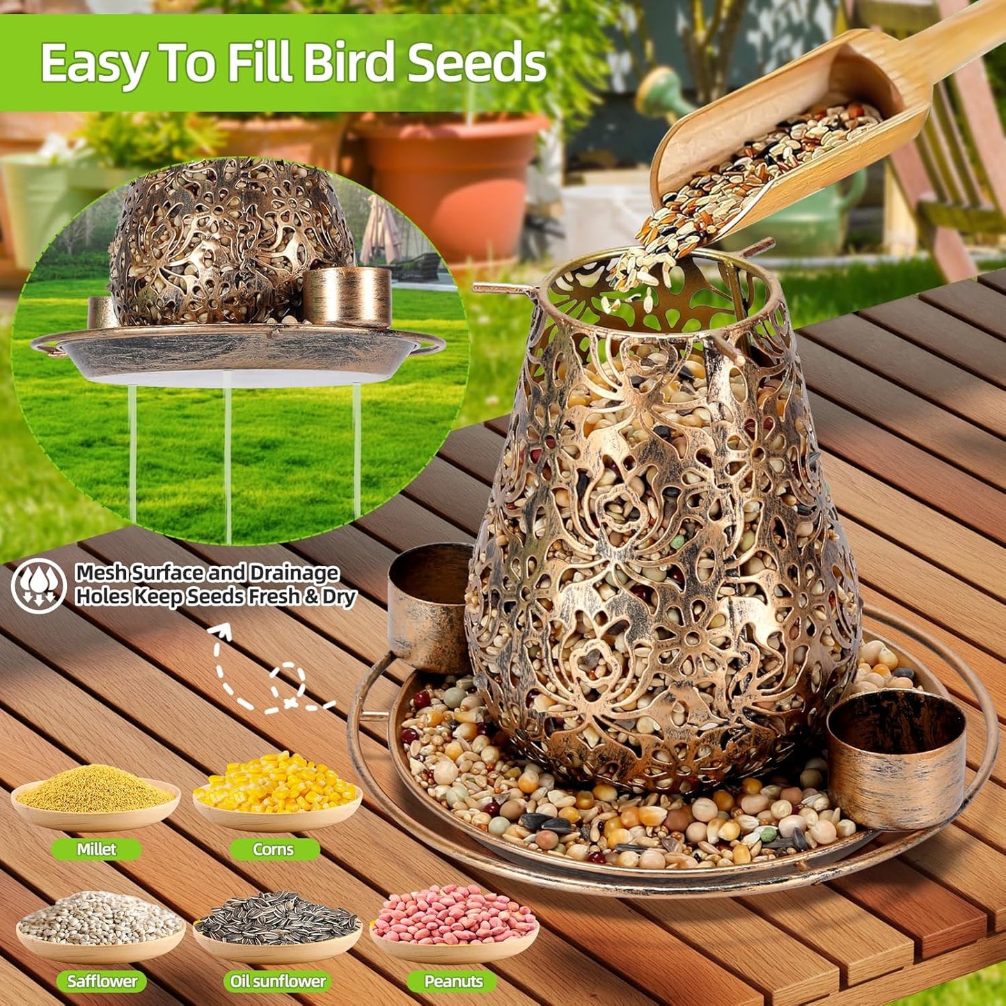 Mushroom Solar Bird Feeders for Outdoors Hanging Metal Wild Bird Feeder Garden Lantern with S Hook for Garden Decoration Brown