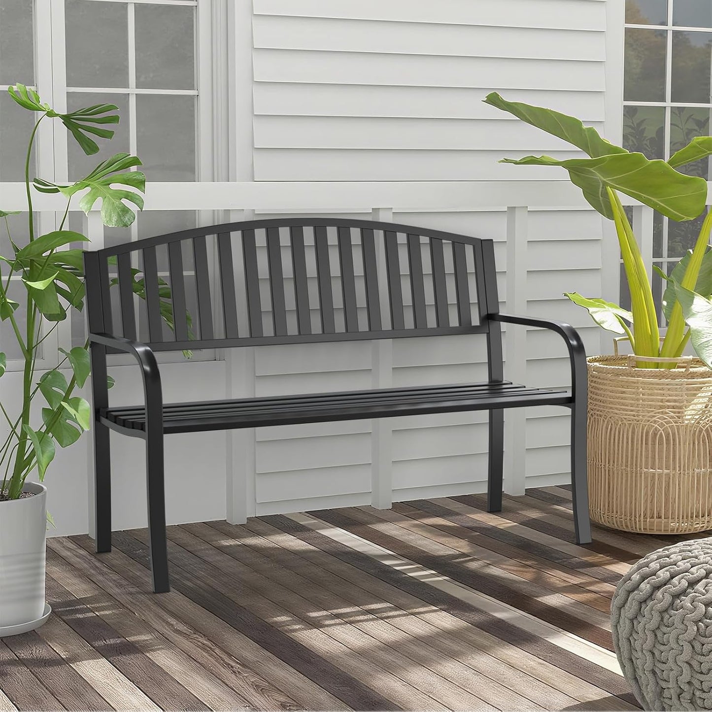 50" Heavy Duty Outdoor Bench, Wrought Iron Weatherproof Garden Bench Black Metal Patio Bench for Park Proch Yard 880lbs