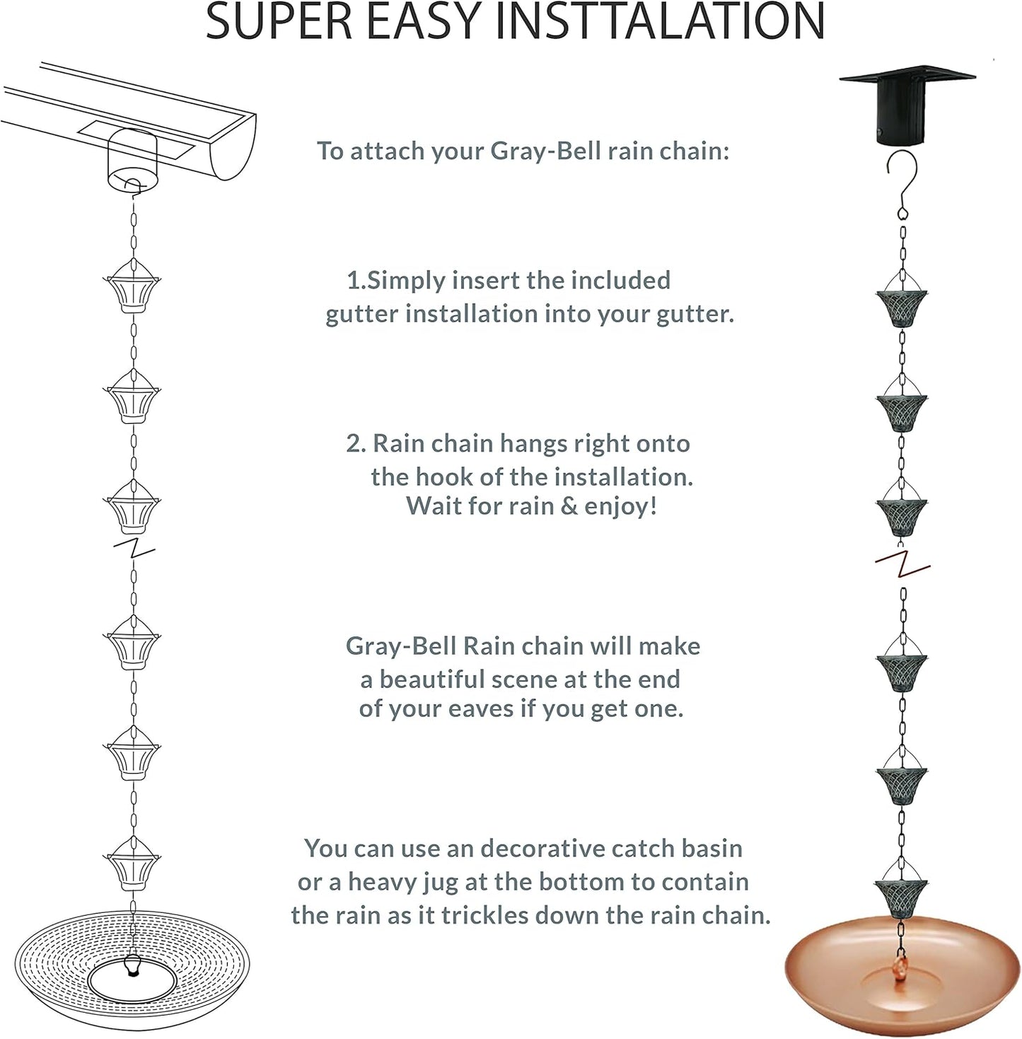 8.5FT Bell Iron Rain Chains for Gutter and Rain Barrel, Rust-Resistant Plated Garden Décor for Downspout, Bonus Rain Chain Gutter Adapter (Antique-Gray)