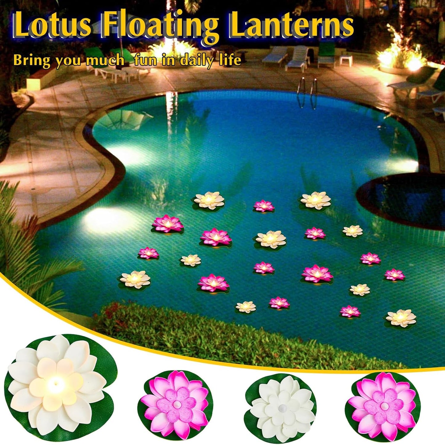 Liliful 24 Pcs Diwali Lotus Decoration Pool Floating Lights, Artificial Flowers Lotus with LED,Lily Pads Water Lantern for Indian Puja Home Decoration(3.94 Inch, 5.91 Inch,White, Pink)