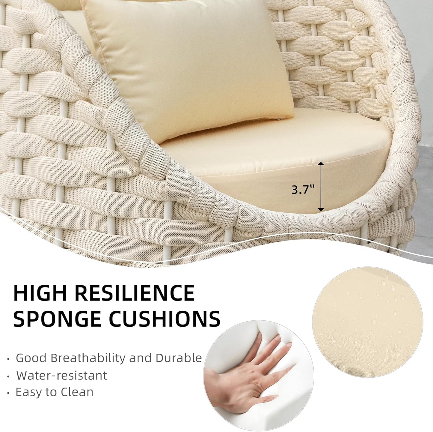 TWT Outdoor 4-Piece Conversation Set Rust Free Patio Furniture Set Already Assembled Compact-Weave Rope Olefin Modern Sofa Seating with Thick & Washable Cushions for Indoor, Backyard, Balcony, Cream