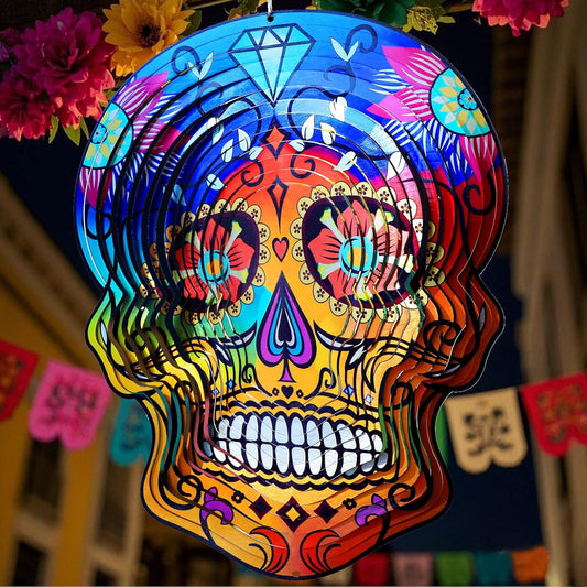 Goolyrusim Metal Wind Spinner - Sugar Skull Wind Spinners, Kinetic Hanging Wind Sculpture 3D Skeleton Wind Catcher for Yard and Garden Decoration Outdoor Decor, Unique Gifts for Halloween, Christmas