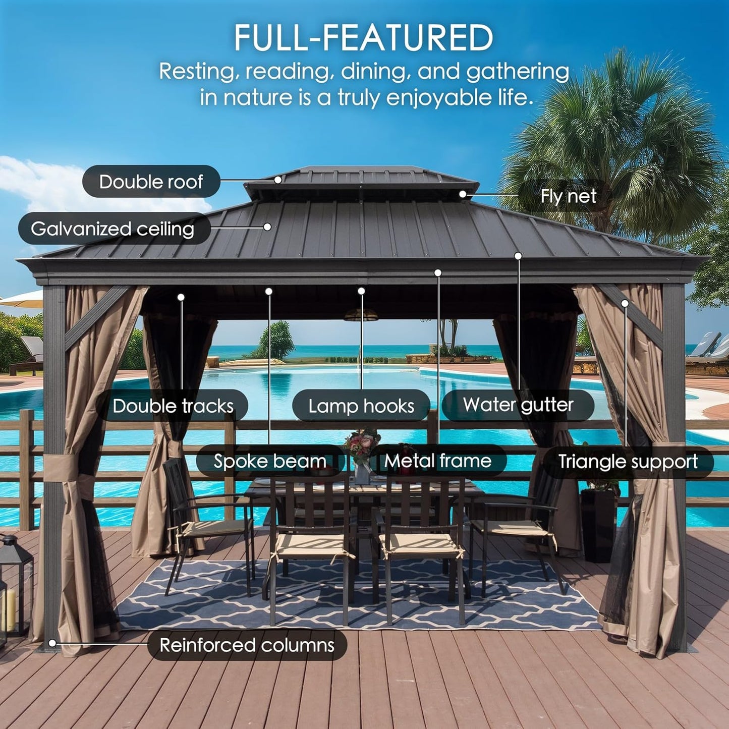 Kozyard Alexander 12‘ X 16’ Hardtop Aluminum Permanent Gazebo with a Mosquito Net and Privacy Sidewalls, Permanent Gazebo Pavilion for Patio, Backyard (Alexander 12'x16' (Brown))
