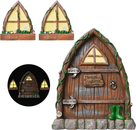 Resin Fairy Door and Window for Trees,Glow in The Dark,Miniature Fairy Garden Accessories,Garden Outdoor Decor for Trees,Gnomes House，Elf House