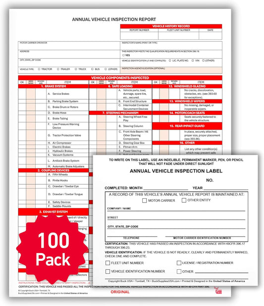 100 Pack 3-Ply Carbonless Annual Vehicle Inspection Report Forms with FMCSA 2-Ply Mylar Laminate Adhesive Vinyl Labels, DOT Inspection Forms and Stickers, Shrink-Wrapped, 8.5" x 11.75" - Made in USA