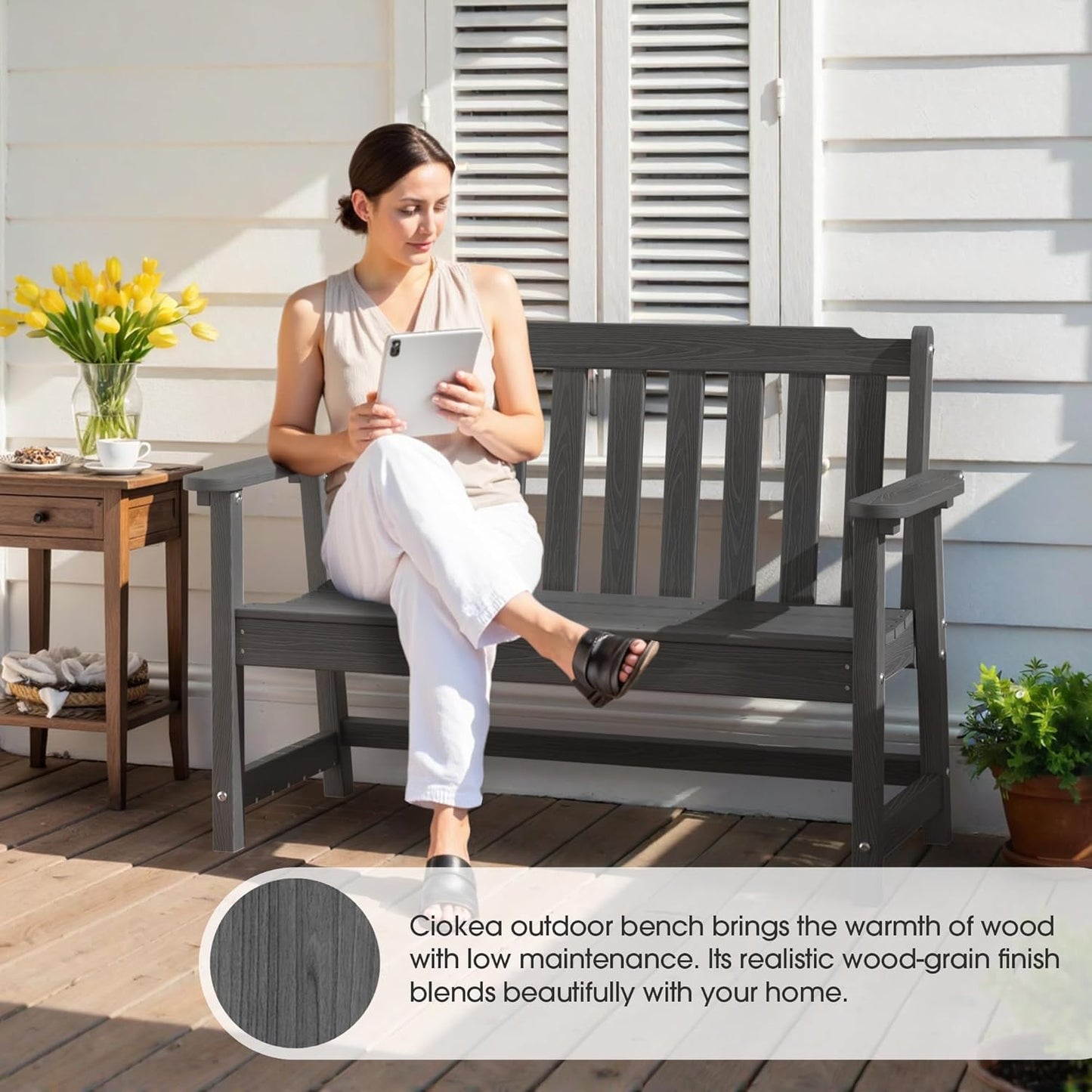 Ciokea 46" Heavy Duty Outdoor Bench, HDPE Weatherproof Garden Benches, Durable 2-Person Porch Benches with 660 Lbs, Waterproof Patio Bench for Outside Balcony Deck Backyard, Dark Grey