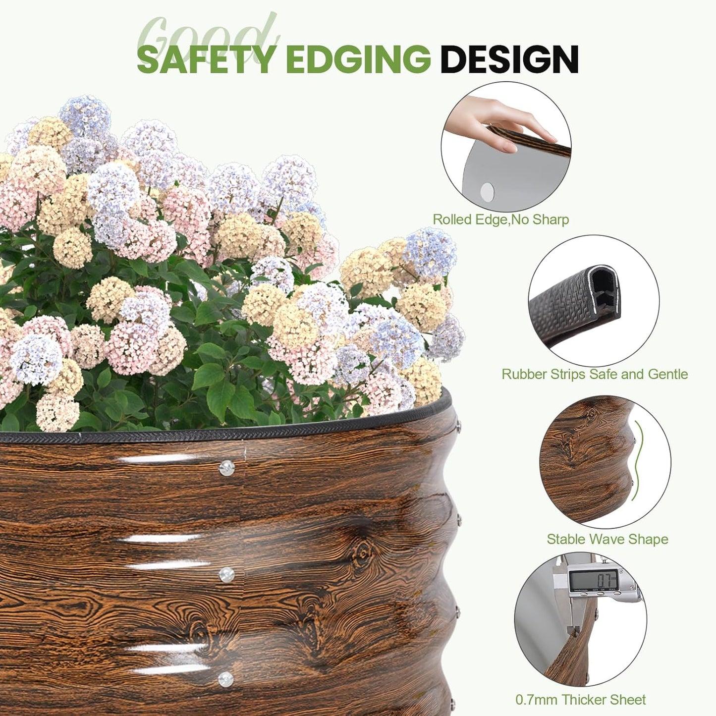 G GOOD GAIN Round Raised Garden Bed - 2Pcs 2x2x1.3ft Galvanized Steel Planter Boxes Outdoor with Rubber Edge Trim | Metal Raised Beds for Gardening Vegetables Flowers Fruits Herbs (Wood Grain)