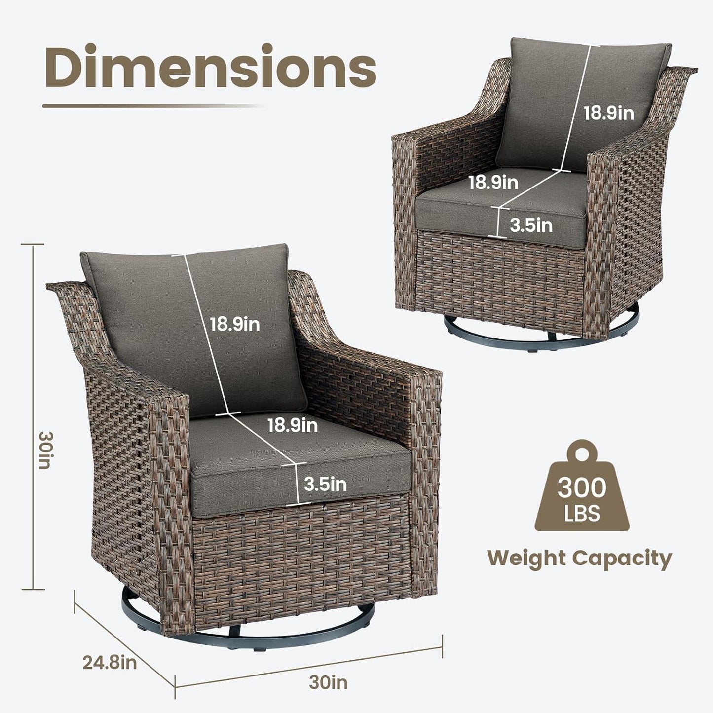 Outdoor Patio Wicker Swivel Chairs - Set of 4 Outside Rattan Rocker Glider Chair Rocking Armchairs for Front Porch Balcony Backyard Yard Deck Poolside Apartment – Brown/Grey
