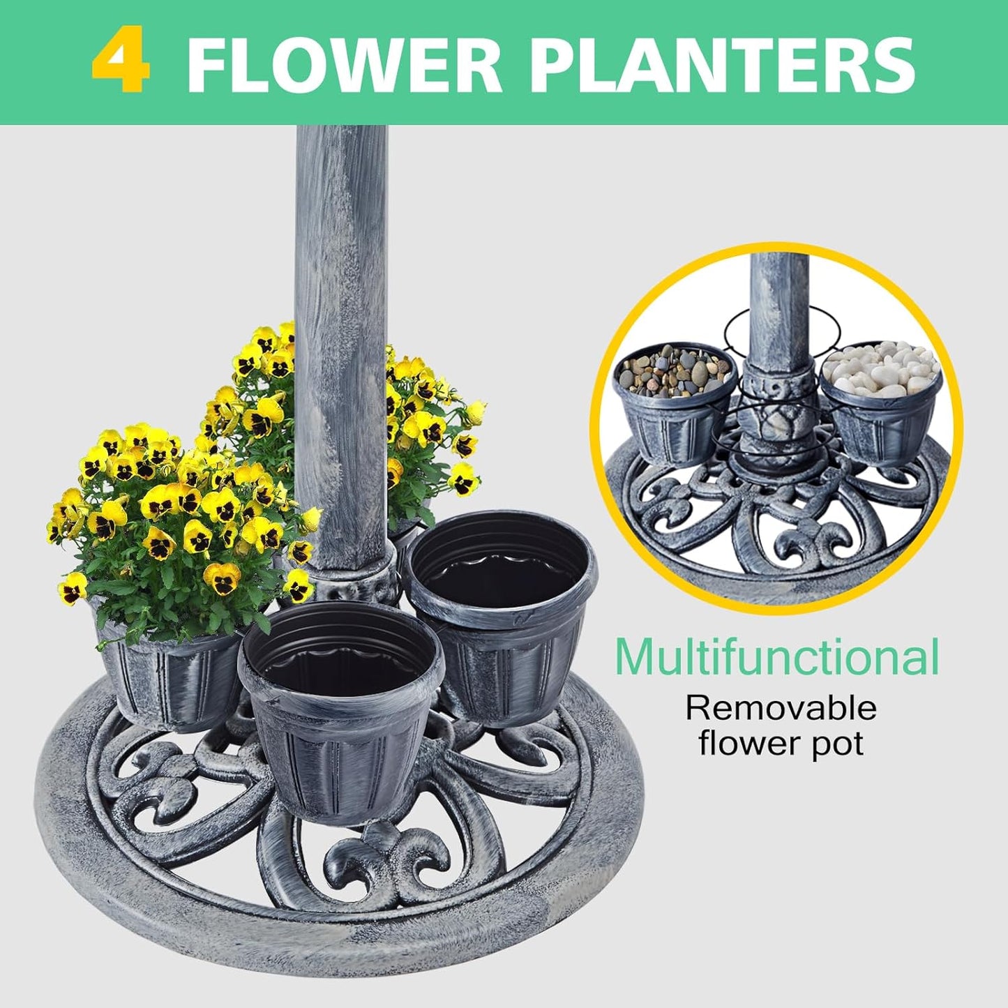 Bird Bath for Outside with 4 Removable Flower Planters 28in Polyresin Lightweight Vintage Birdbath for Outdoors Stake Standing Bowl and Water Feeder Yard Garden Decor Gray