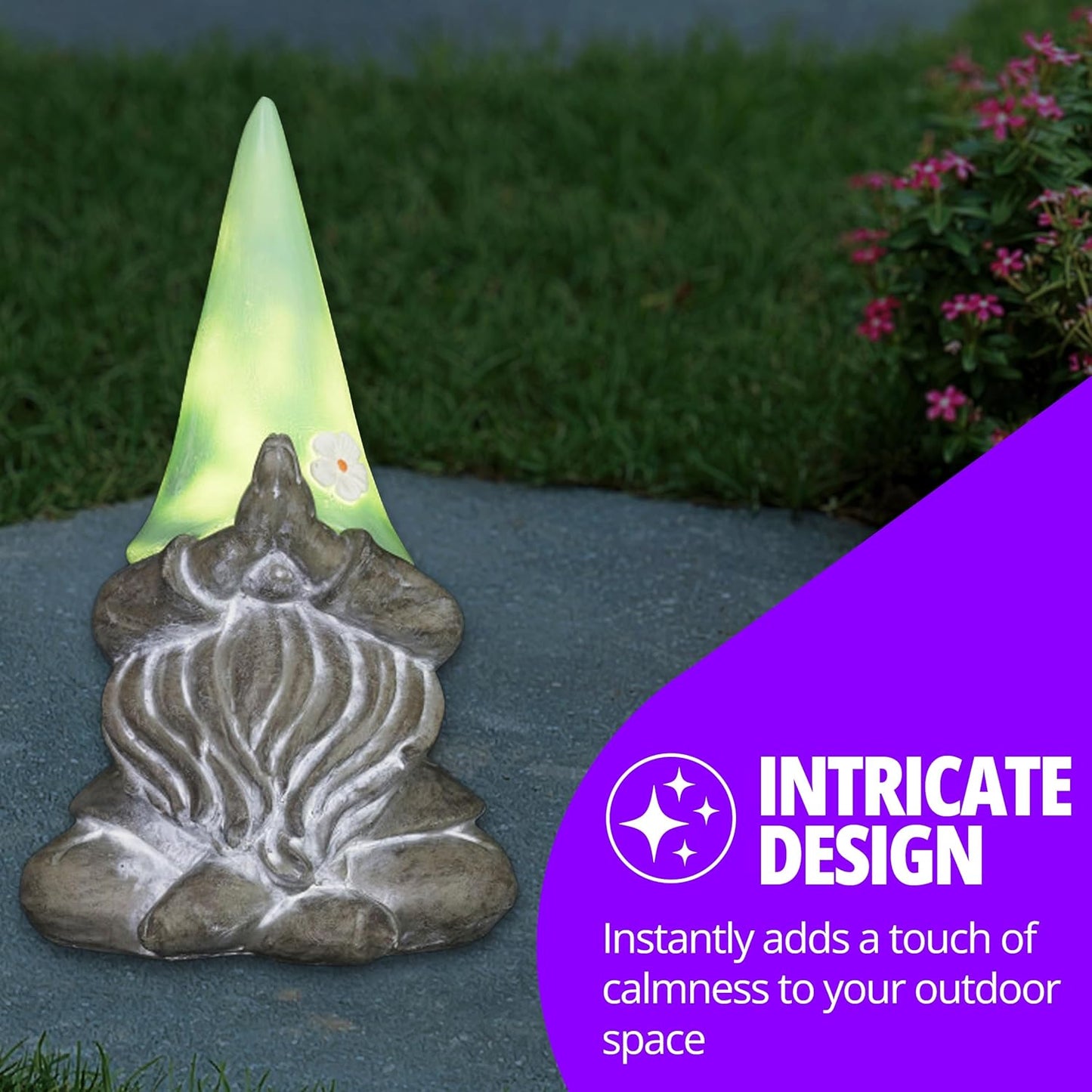 Exhart Garden Sculpture, Meditating Yoga Solar Garden Gnome Statue, LED Flower Hat, Outdoor Garden Decoration, 7 x 11.5 Inch, Mint