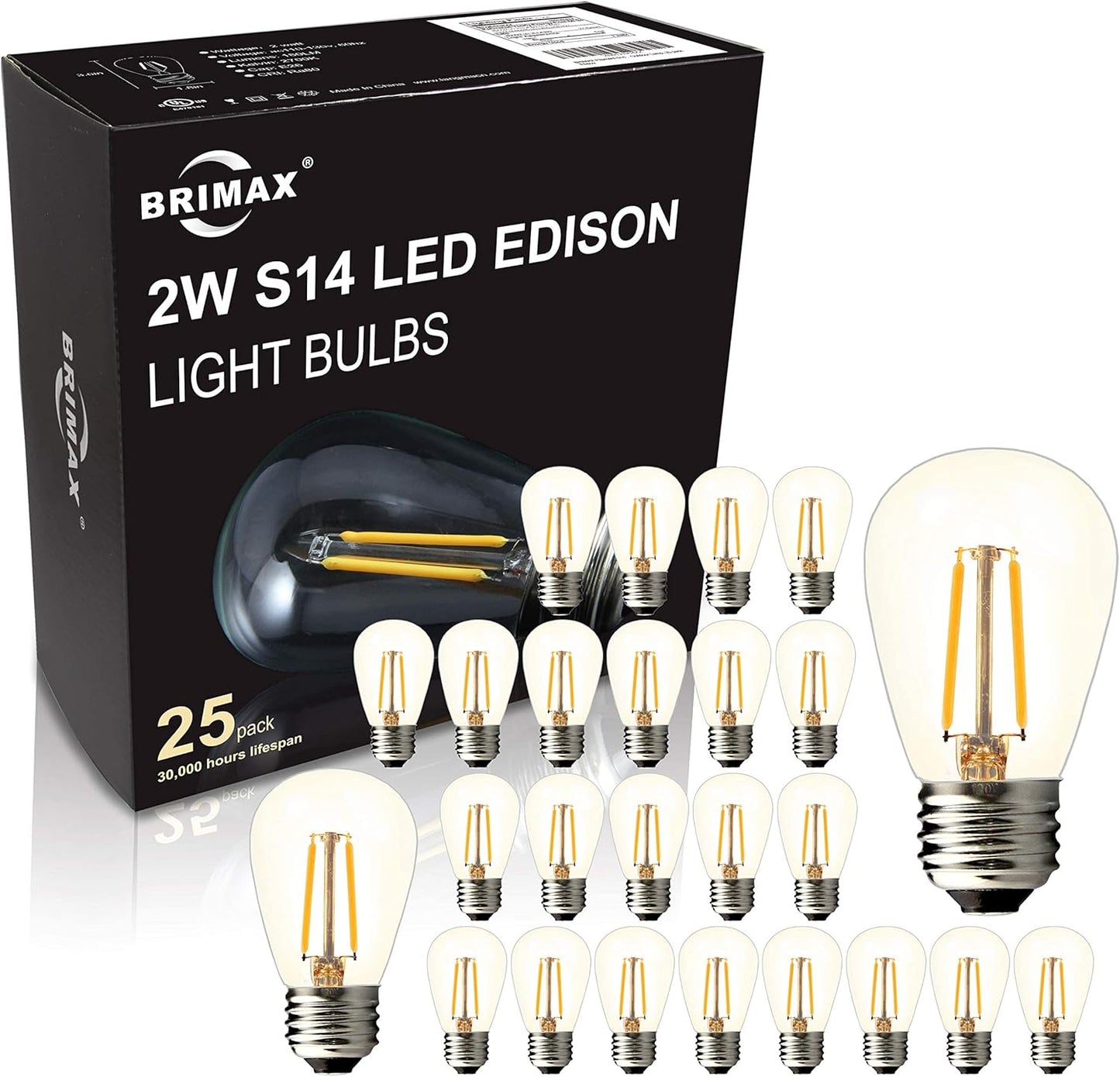 BRIMAX 25 Pack 2W S14 Replacement LED Light Bulbs for Outdoor String Lights, 2200K Warm White, Shatterproof & Waterproof,E26 Medium Base Vintage Edison Light Bulbs