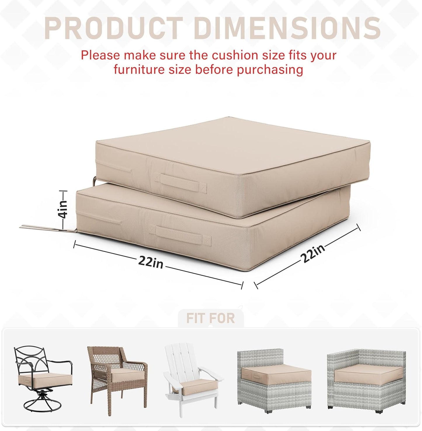 Patio Chair Cushions 22 X 22 X 4 Inch Waterproof Outdoor Seat Cushions for Patio Furniture, Outdoor Sofa Couch Pads with Ties & Handle, Set of 2, Sand