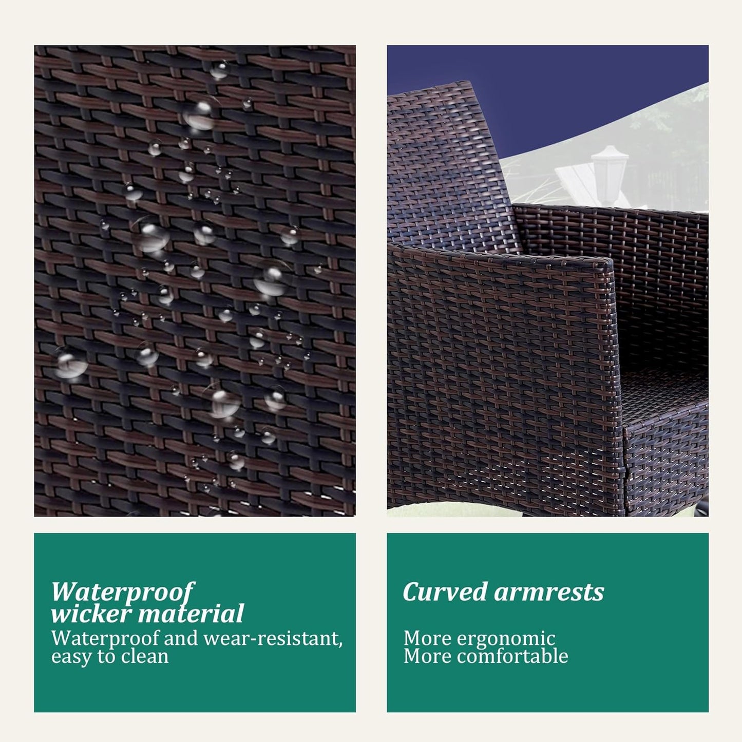 3 Piece Patio Furniture Set - Outdoor Conversation Sets with Coffee Table, Rattan Chair Set for Garden/Poolside, Brown/Beige