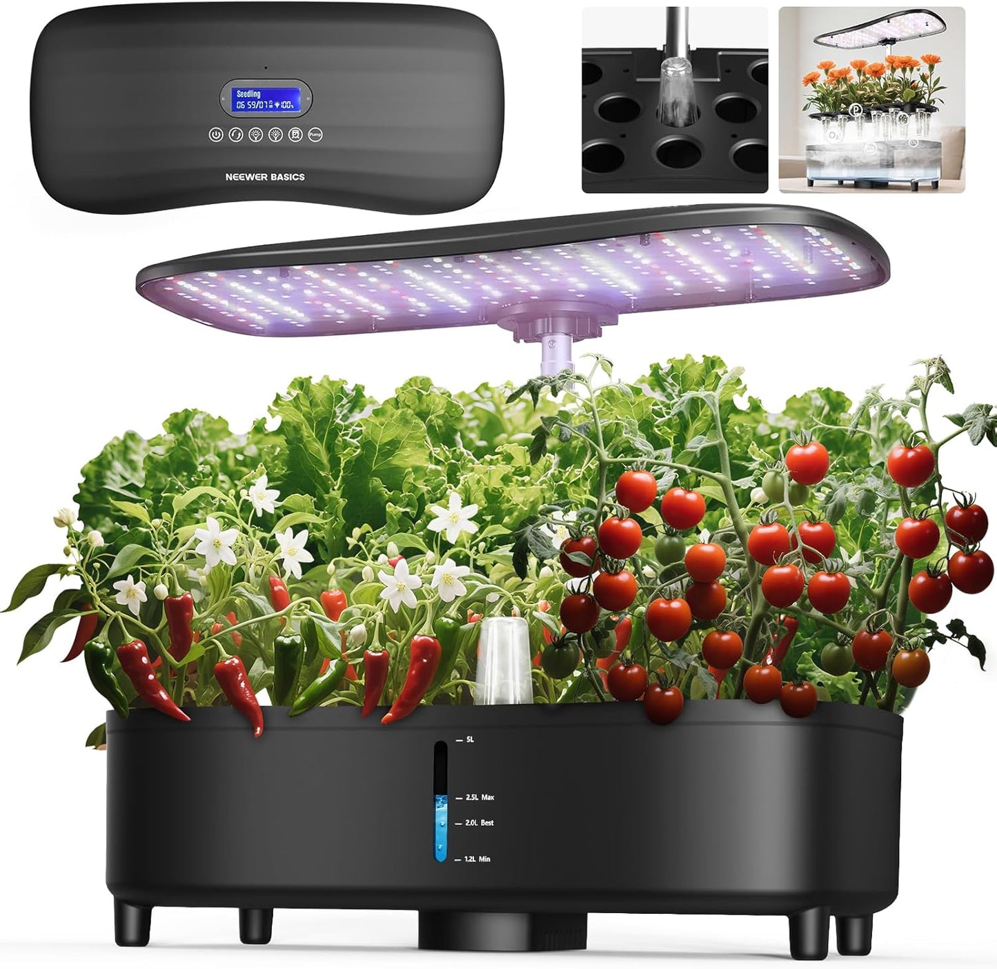 NEEWER Basics Silent Aeroponics Growing System Kit, Hydroponics with Atomization Tech LED Grow Light 3 Modes 15 Seed Pods Timer LCD, Indoor Gardening Plant Food Vegetable Herb Garden Planter, HGS02