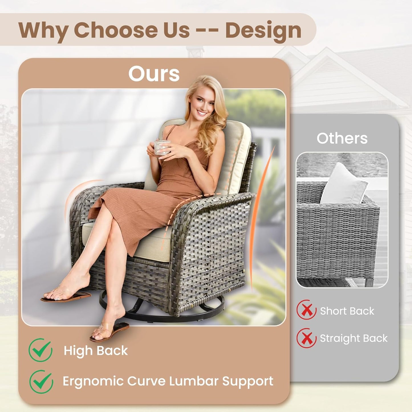 HOOOWOOO Patio Furniture Set,3 Pieces Outdoor Conversation Set,All Weather Wicker High Back Swivel Chairs Bistro Set with Side Table,Beige