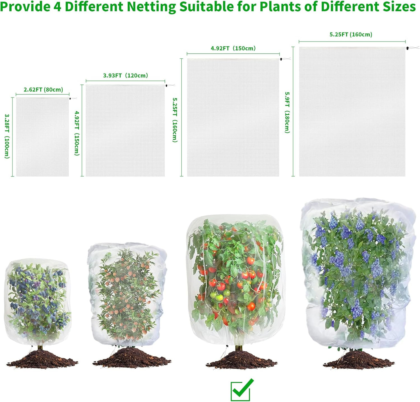 Garden Mesh Netting with Drawstring,Plants Cover Protection from Anti Birds,Bugs,Cicadas,and Insects-Pest Barrier Bag for Blueberry Bushes,Citrus,Tomatoes,Vegetables,Fruit Tree and Orange