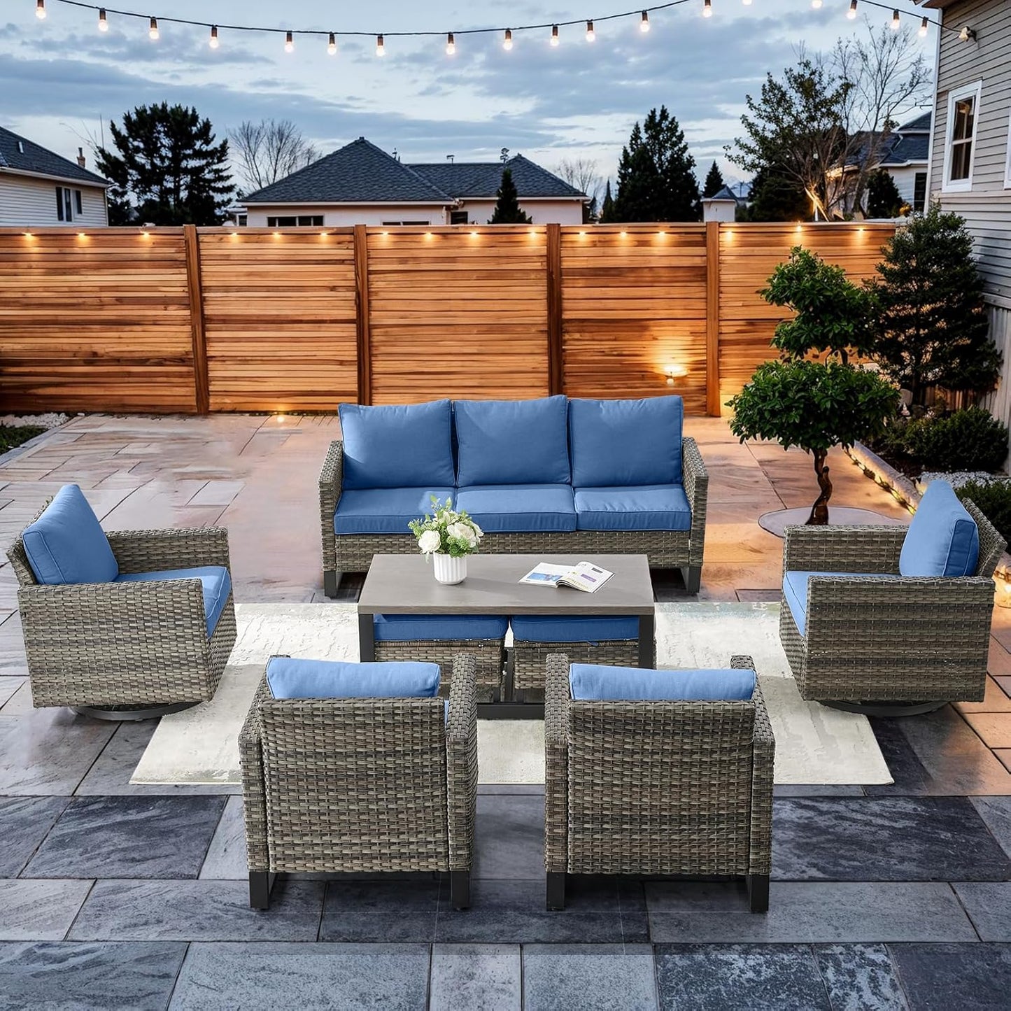 HUMMUH 8 Piece Patio Furniture Set All Weather Wicker Outdoor Sectional Sofa with Patio Chairs,Patio Swivel Glider Chairs Ottomans Coffee Table for Porch,Garden,Backyard