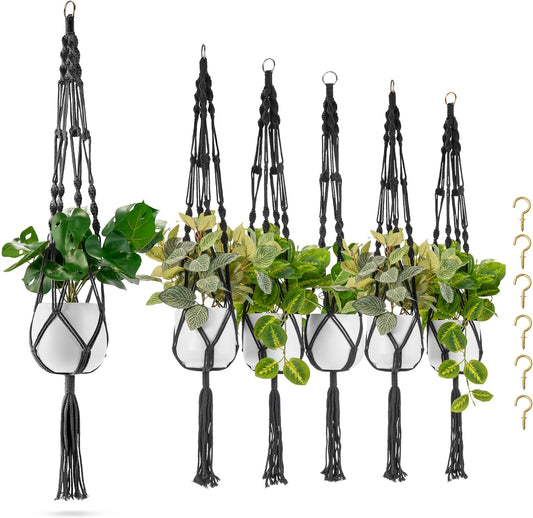 Sorbus Macrame Plant Hanger (6 Pack) Indoor Outdoor Hanging Plant Pots Cotton Rope, Elegant for Home, Patio, Garden (Black)