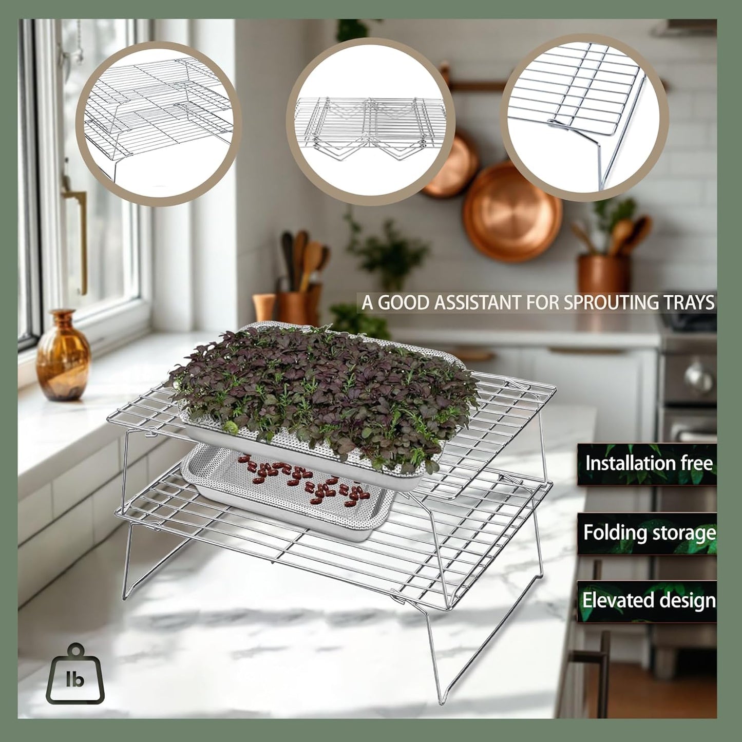 Sprouts Growing Rack 3-Tier 14 inch Shelf, Metal Foldable Plant Stand for Sprouting Tray Indoor, Seed Starting Tray Plant Shelf, Silver Rack for Kitchen Table Top Space Saving