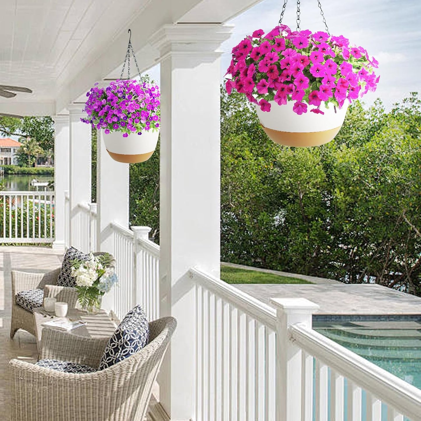 Hanging Planter Self Watering 10 Inch, 2 Pack Indoor Outdoor Hanging Baskets, Hanging Flower Pots with Drainage Hole & 2 Kinds of Plant Hangers for Garden Home Decor(Black Hanger