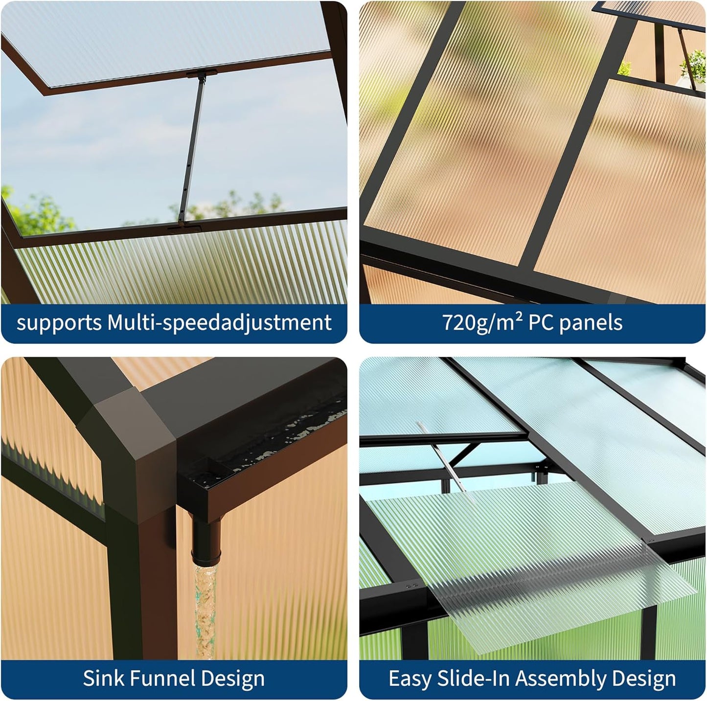 8×12 FT Greenhouse, Large Walk in Greenhouses for Outdoors and Garden Planting, Polycarbonate Greenhouse with Enhanced Aluminum Frame, Green Houses with Quick Setup Structure and Roof Vent, Black