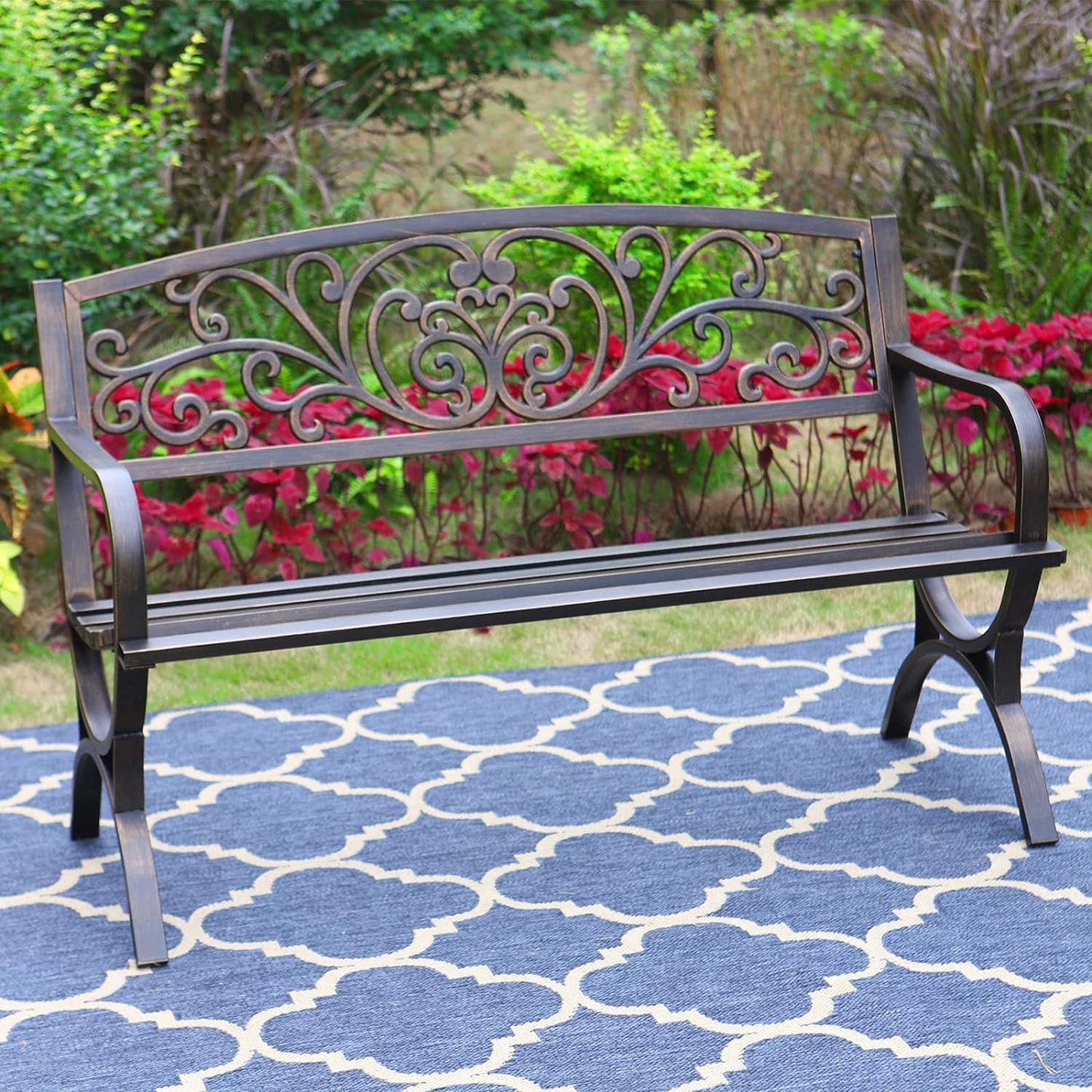 MFSTUDIO 50 Inches Outdoor Garden Bench, Cast Iron Metal Frame Patio Park Bench with Floral Pattern Backrest, Arch Legs for Porch, Lawn, Yard-Bronze