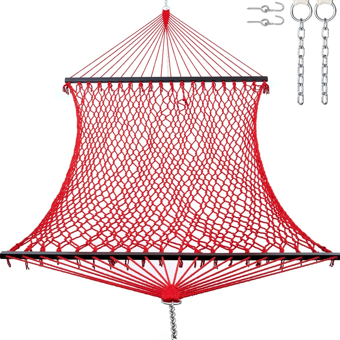 12ft Double Hammocks, Handwoven Traditional Cotton Rope Hammock with Hardwood Spreader Bar, Chains and Hooks for Indoor Outdoor, Max 450 lbs Capacity (Cherry, Full)