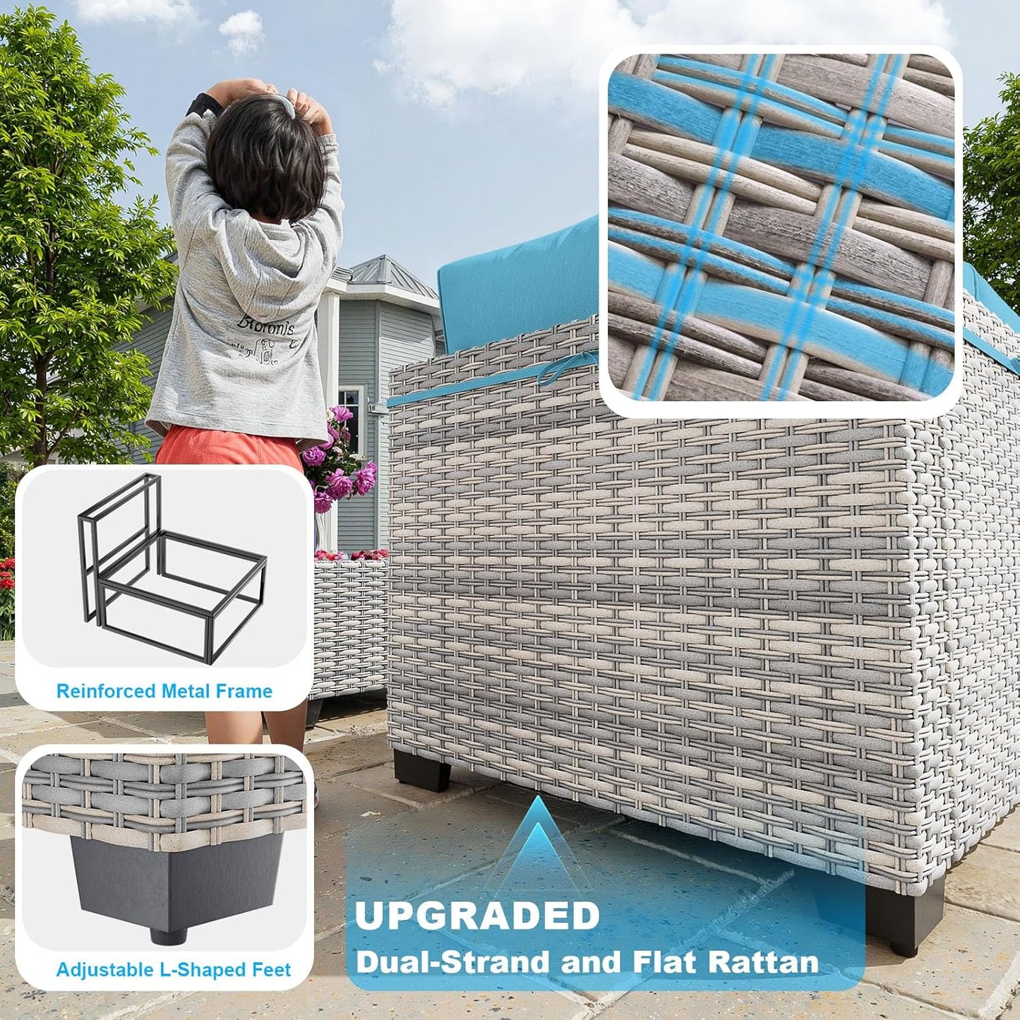 8-Piece Modern Patio Conversation Set with 55,000 BTU Fire Pit Table, Thick Cushions, Dual-Strand Wicker Rattan, Rust-Resistant Frame, Lake Blue