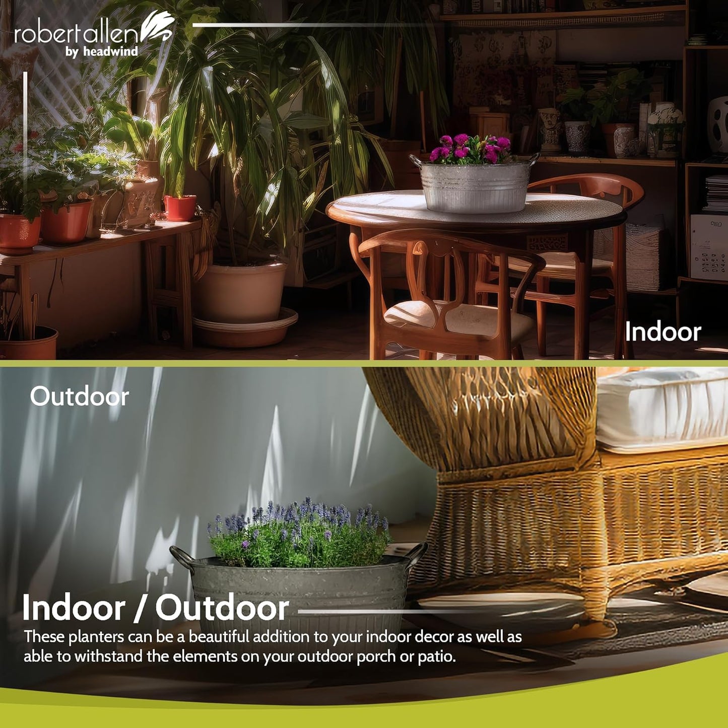 Headwind Robert Allen 16.5" Oval Tub Metal Planter w/Handles – Lightweight Galvanized Steel with Drainage Holes – Indoor/Outdoor Garden Pot