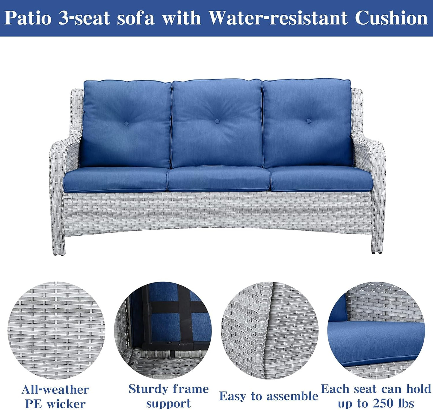 Wicker Patio Furniture Sets - 8 Piece Outdoor Rattan Furniture Conversation Sets with 4 Swivel Rocker Chairs, Rattan Sofa, Wicker Ottomans and Coffee Table, Light Grey/Blue