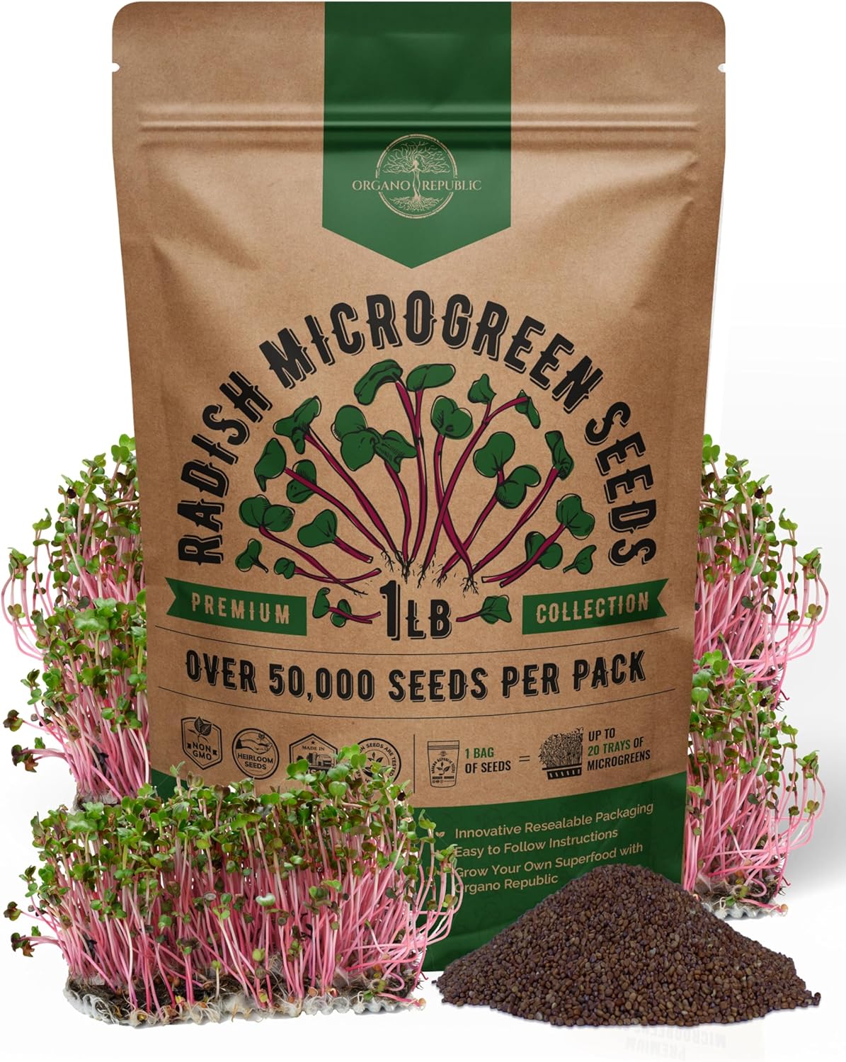 Organo Republic Radish Sprouting & Microgreens Seeds - Non-GMO, Heirloom Sprout Seeds Kit, 1lb Resealable Bag for & Growing Microgreens in Soil, Coconut Coir, Aerogarden & Hydroponic System.