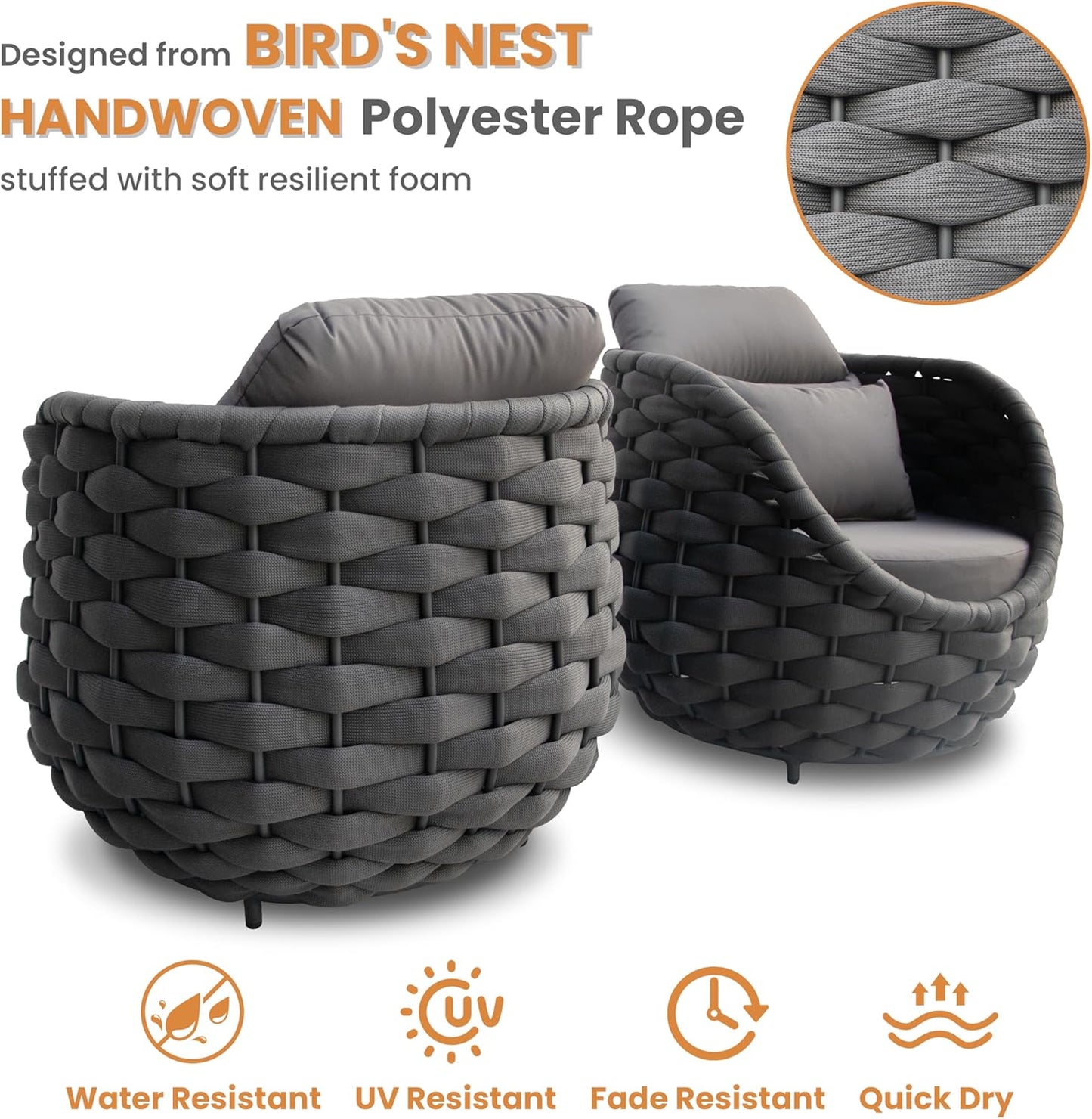 Front Porch Furniture Set 3 Piece: Aluminum Woven Rope Patio Conversation Sofa Set for 2 - Assembled Outdoor Couch Armchair Set Cushions - for 400lb Deck Balcony Pool Yard Hotel - Dark Gray